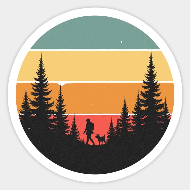 Dog Lover Nature Hike Retro Sunset Design Sticker by Designed By Marty
